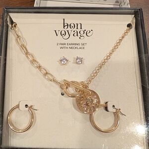 Bon Voyage Gold Tone  Earrings and Toggle Necklace Set